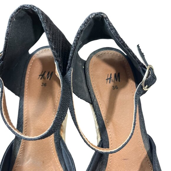 H&M heels women's 5.5 black platform wedge espadrilles ankle strap round toe - Picture 2 of 11